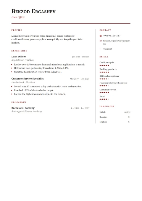 Bank employee CV example