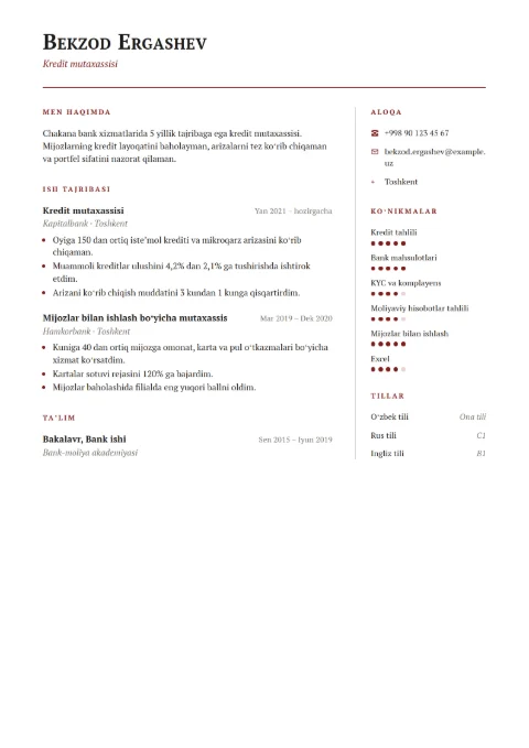Bank xodimi rezyume namunasi