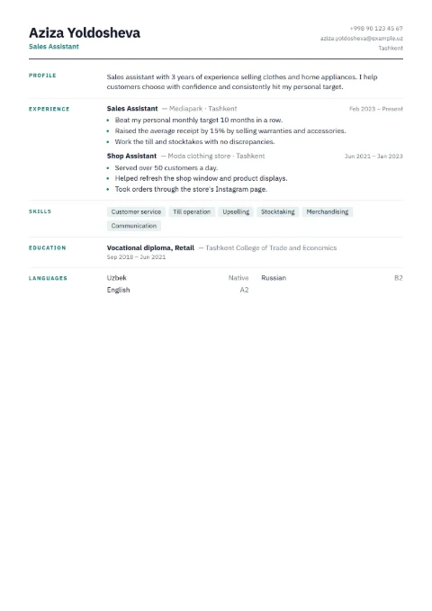 Sales assistant CV example