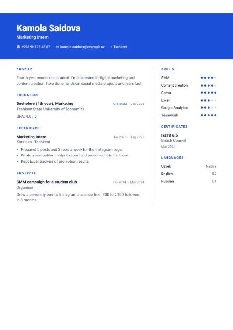 Student CV example with no experience