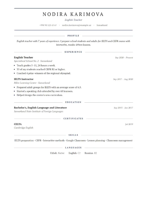 Teacher CV example